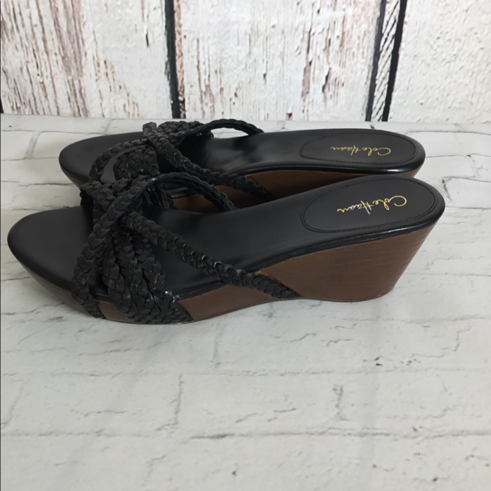 Cole Haan Braided Black Leather Wedge Sandals EUC 8.5 NARROW - Picture 7 of 11